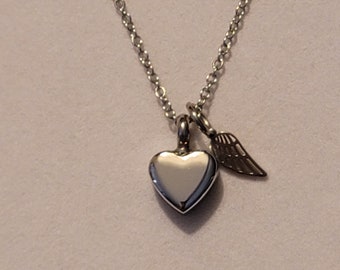 Silver Heart Angel Wing Cremation Urn Necklace - Memorial Jewelry