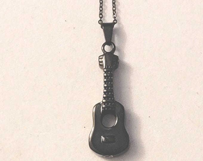 Black Guitar Cremation Urn Necklace, Gutar Urn, Necklace For Ashes, Holds Human Remains,  Cremation Jewelry, Necklace, Gift, Music