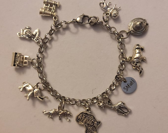 Silver African Safari Chain Bracelet, Safari Charm Bracelet, Bracelet, Safari Bracelet, Charm Bracelet, Chain Bracelet, Gift, African Safari