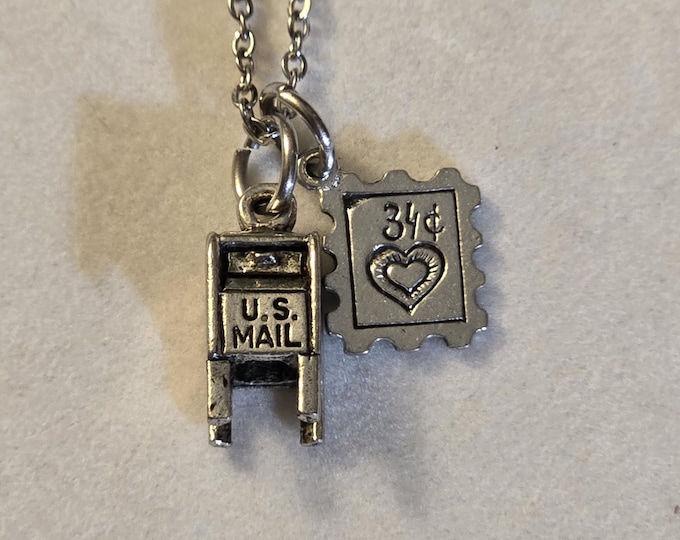 Silver Mail Carrier Charm Necklace, Gift For Mail Carrier, Mail Receptacle and Stamp Charm Necklace, Gift, Mail Delivery Woman, Mailwoman