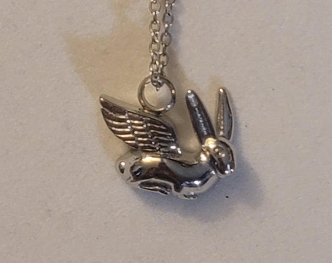 Silver Rabbit with Angel Wings with Ears Up, Cremation Urn Necklace, For Ashes, Cremation Jewelry,  Necklace,  Urn, Rabbit, Bunny, Gift