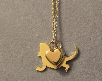 Gold Bearded Dragon Cremation Urn Necklace: Stainless Steel Heart Memorial Jewelry, Urn