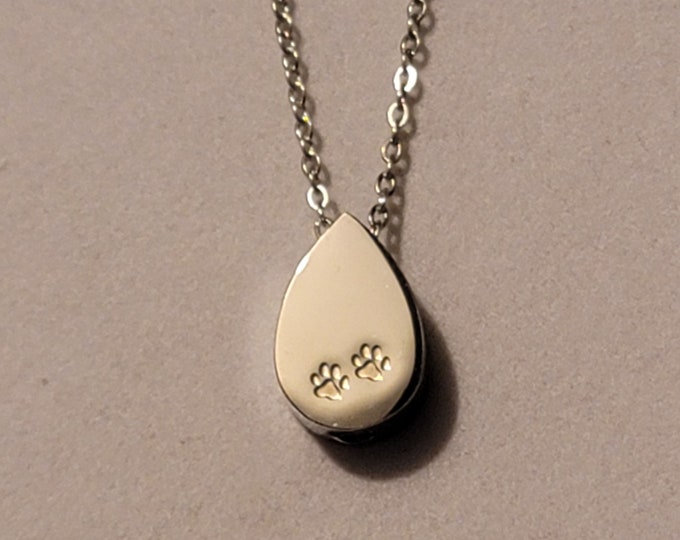 Silver Pawprint Teardrop Cremation Urn Necklace, Necklace, Teardrop, Necklace For Ashes, Cremation Jewelry, Teardrop Urn Necklace, For Pet