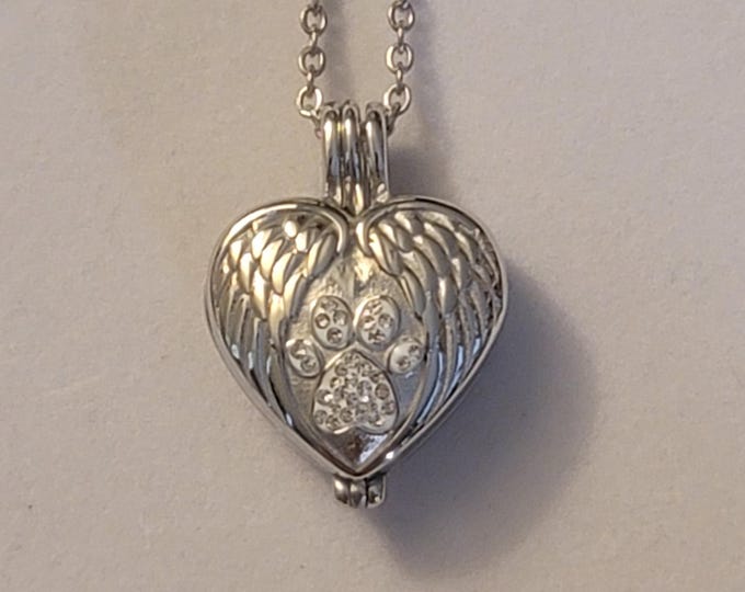 Silver Heart with Angel Wings and Paw Print Cremation Locket Urn Necklace, Cremation Jewelry, Urn , Memorial Jewelry, Cremation Jewelry