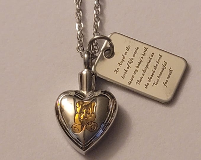 Silver Heart with Gold Teddy Bear Cremation Urn Necklace, Memorial Jewelry, Urn Necklace, Cremation Jewelry, Cremation Necklace, Teddy Bear