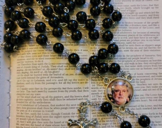 Silver with Black Pearl Custom Photo Rosary Beads, Rosary Beads, Prayer Beads, Custom Photo, Memorial Photo, Picture, Gift, Prayer Beads