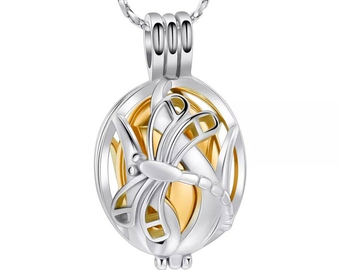 Silver and Gold Dragonfly Cremation Urn Locket Necklace, Cremation Jewelry, Urn Jewelry, Memorial Jewelry, Urn Necklace, Cremation Necklace,