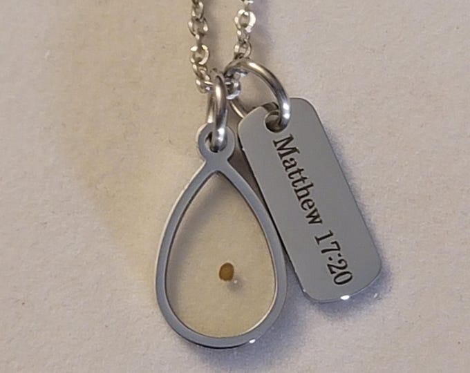 Silver Teardrop Mustard Seed Charm Necklace, Faith Necklace, Necklace, Charm Necklace, Mustard Seed, Gift, Faith, Matthew 17:20