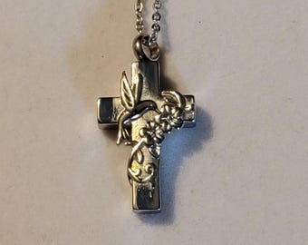 Collar con urna funeraria de plata con colibrí y cruz - Joyería conmemorativa para cenizas