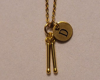 Gold Drumstick Charm Necklace with Initial, Drums, Necklace, Drummer, Gift For Drummer, Music Jewelry, Rock Band, Necklace, Drumsticks