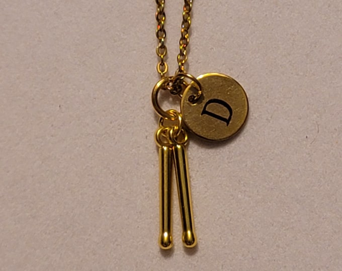 Gold Drumstick Charm Necklace with Initial, Drums, Necklace, Drummer, Gift For Drummer, Music Jewelry, Rock Band, Necklace, Drumsticks