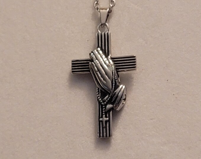 Silver Cross with Prayer Hands Cremation Urn Necklace, Urn Jewelry, Urn Necklace, Cremation Jewelry, Necklace, Praying Hands, Cross Urn