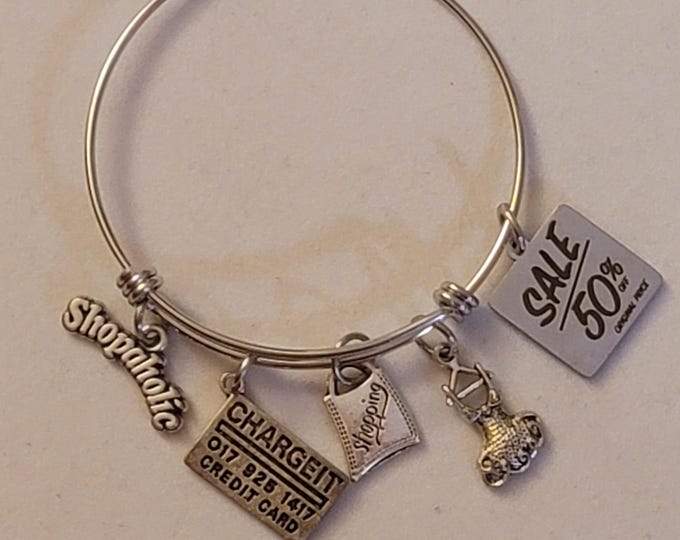 Silver Shopaholic Bangle Bracelet,  Shopper Charm Bracelet, Bracelet, Shopping Charm Bracelet, Extreme Shopper, Gift