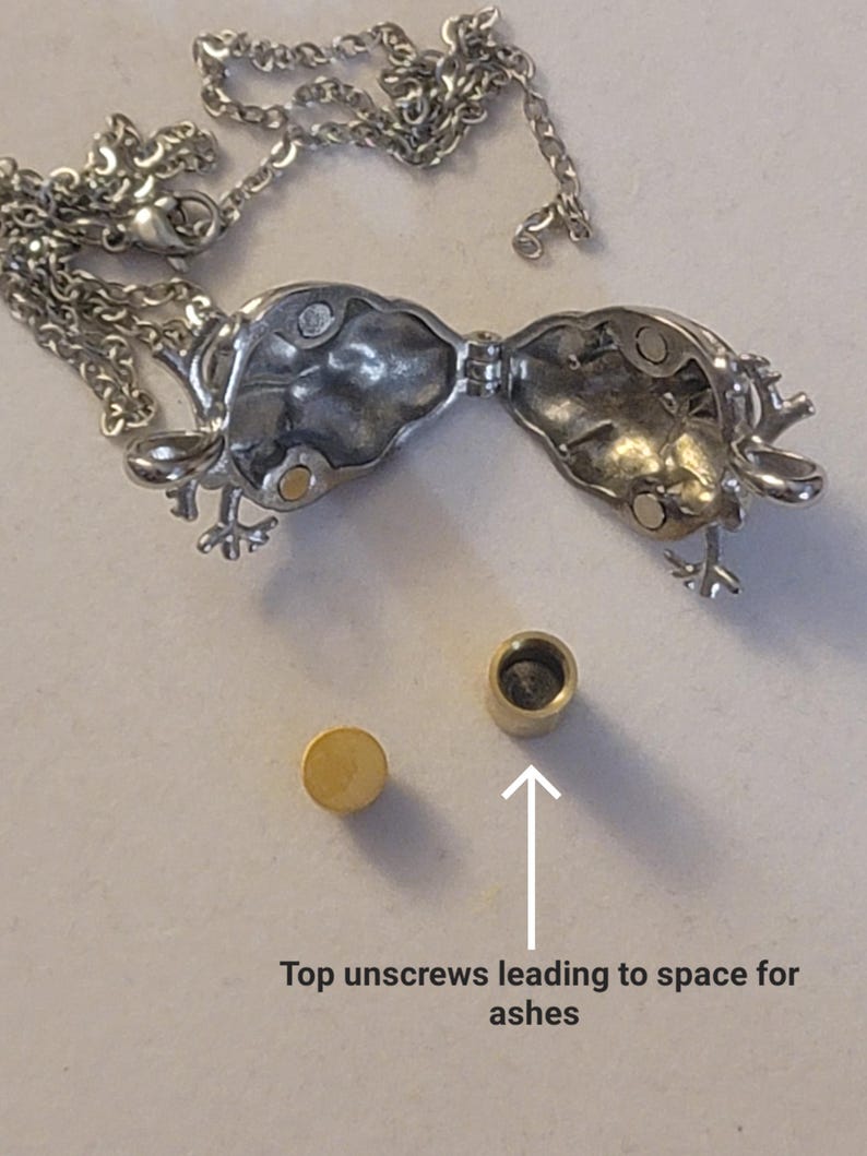 Op de afbeelding: Zilveren ketting met een scharnierende, opengewerkte hanger in de vorm van een vogel. De hanger heeft een klein, rond, goudkleurig bovenstuk dat losgeschroefd kan worden om een ​​ruimte voor as te onthullen.