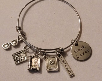Silver Book Lover Charm Bangle Bracelet
