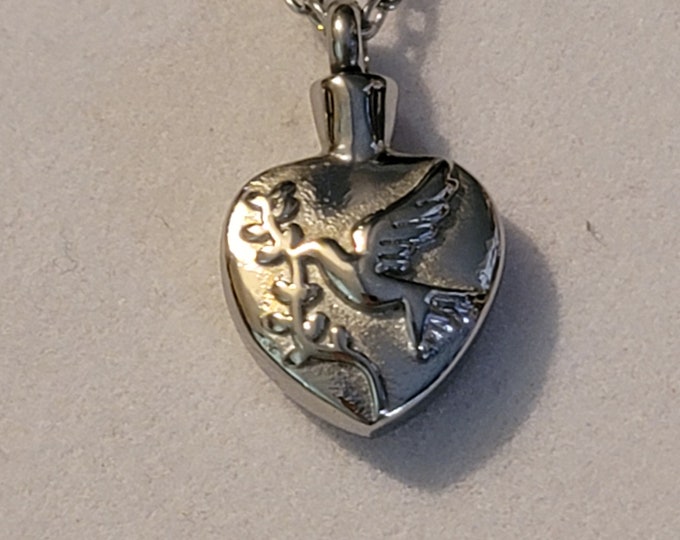 Silver Dove on Heart Cremation Urn Necklace, Dove Urn Necklace,  For Human Remains,  Necklace For Ashes,  Dove, Heart Urn Necklace,  Gift