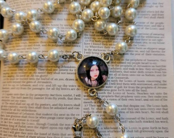 Silver with White Pearl Custom Photo Rosary Beads