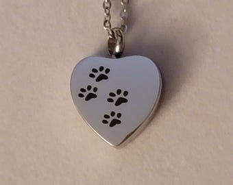 Silver Pawprint Heart Cremation Urn Necklace - Pet Memorial Jewelry