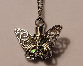 Collar de urna de cremación con mariposa iridiscente: joyería conmemorativa de acero inoxidable para cenizas.