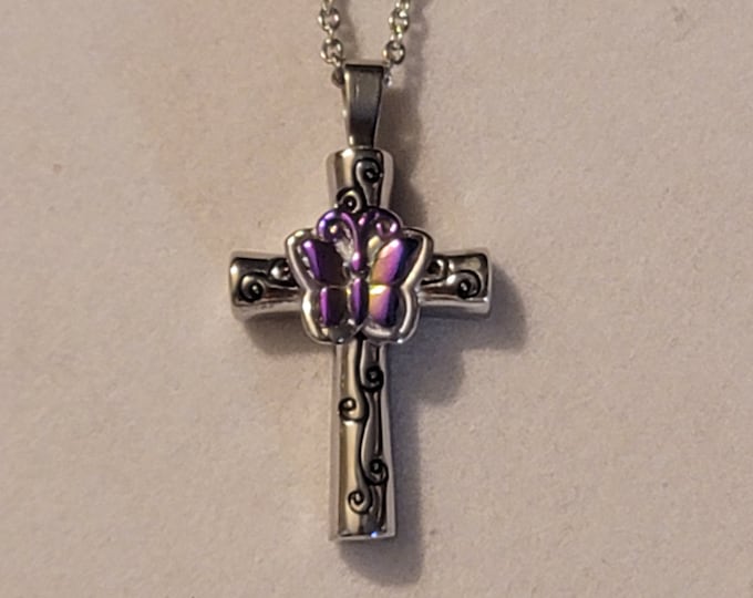 Silver Cross with Butterfly Cremation Urn Necklace, Urn Jewelry, Urn Necklace, Memorial Necklace, Cremation Jewelry, Necklace, Butterfly