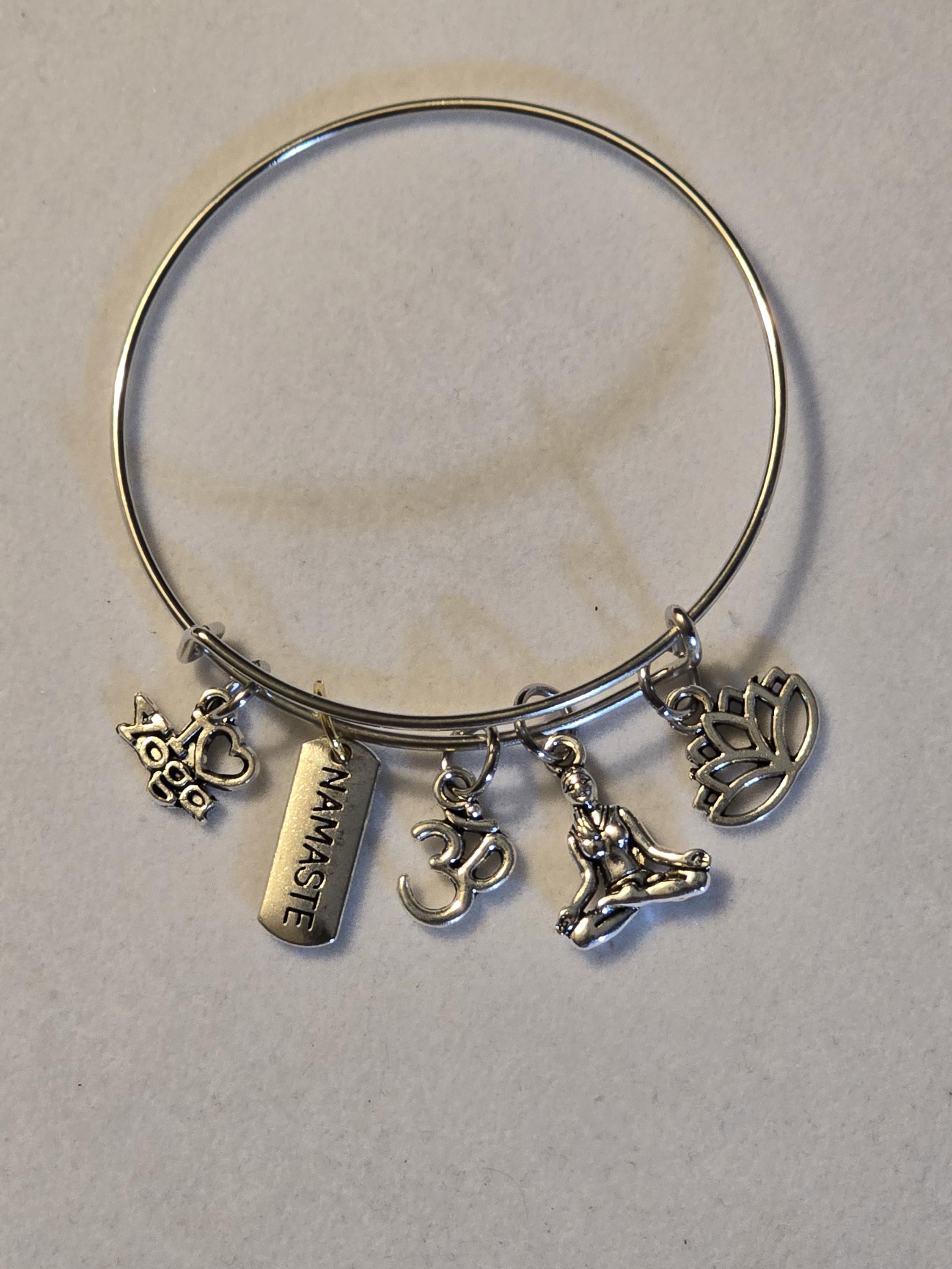 Silver Yoga Bangle Bracelet, Namaste, Charm Bracelet, Yoga, Gift