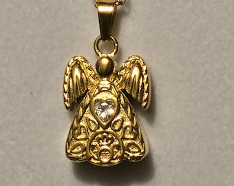 Gold Angel Cremation Urn Necklace: Stainless Steel Chain, Memorial Jewelry, For Ashes