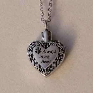 Silver Always In My Heart Paw Print Cremation Urn Necklace, Memorial Jewelry, Urn Jewelry,  Cremation Jewelry, Dog Ashes Necklace, Pet Ashes
