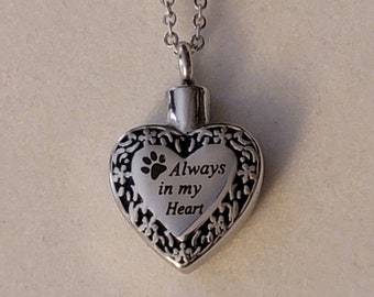 Collar de urna de cremación con forma de corazón y huella de pata de plata - Joyería conmemorativa para mascotas