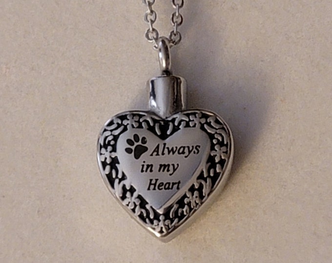 Silver Always In My Heart Paw Print Cremation Urn Necklace, Memorial Jewelry, Urn Jewelry,  Cremation Jewelry, Dog Ashes Necklace, Pet Ashes