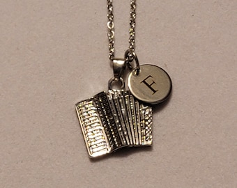 Silver Accordion Charm Necklace with Initial, Necklace, Music Jewelry, Band, Necklace, Accordion Necklace, Accordion Player Gift, Accordion