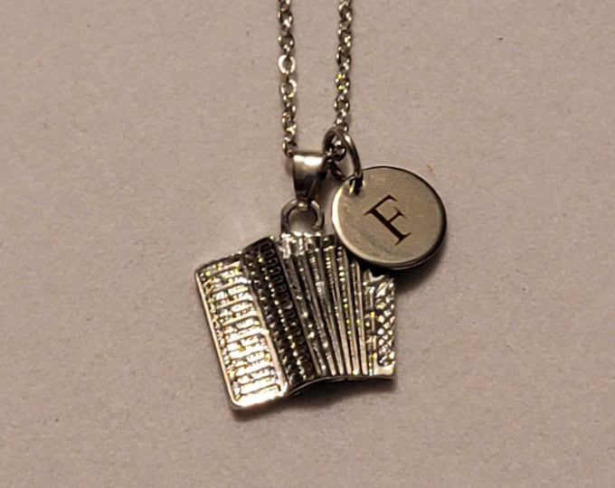 Silver Accordion Charm Necklace with Initial, Necklace, Music Jewelry, Band, Necklace, Accordion Necklace, Accordion Player Gift, Accordion