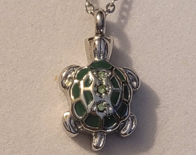 Silver and Green Turtle Cremation Urn Necklace, Green Turtle Turtle Urn, Cremation Jewelry, Necklace, Ashes Jewelry, Pendant For Ashes