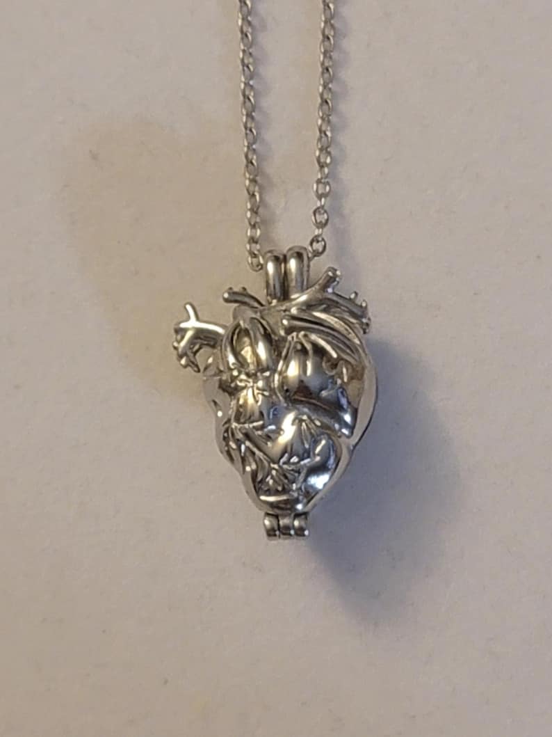 Op de afbeelding: Een zilveren ketting met een hartvormige hanger, versierd met een gedetailleerd anatomisch ontwerp. De hanger is open en klaar om een ​​speciale boodschap of een klein sieraad te bevatten.