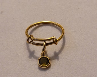 Gold Birthstone Charm Ring: Adjustable Bangle Ring