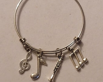 Silver Flute Charm Bangle Bracelet: Music Lover Gift