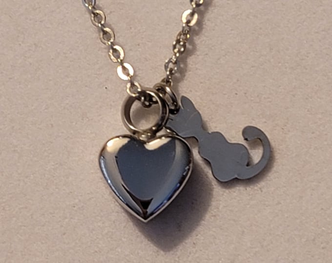 Silver Heart with Cat Cremation Urn Necklace, Memorial Jewelry, Urn Necklace, Cremation Jewelry, Cremation Necklace, Cat Ashes Necklace