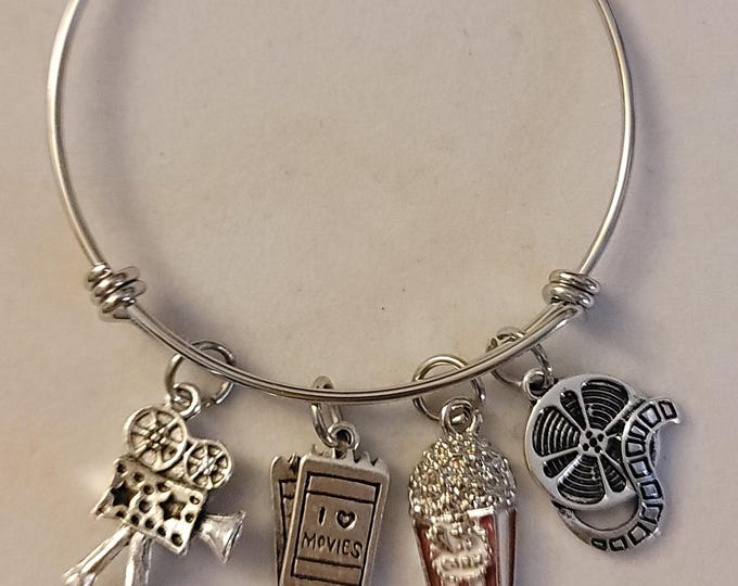 Silver Movie Lover Bangle Bracelet, Movie Buff , Movie Goer,  Charm Bracelet, Movie Buff Charm Bracelet, Gift For Movie Lover