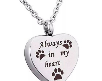 Collar de urna de cremación con forma de corazón y huella de pata de plata - Joyería conmemorativa para mascotas