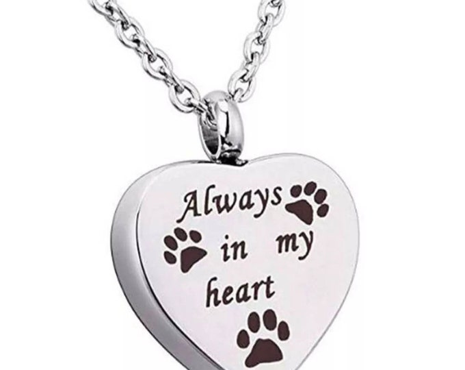 Silver Always In My Heart Paw Print Cremation Urn Necklace, Memorial Jewelry, Urn Jewelry,  Cremation Jewelry, Dog Ashes Necklace, Pet Ashes