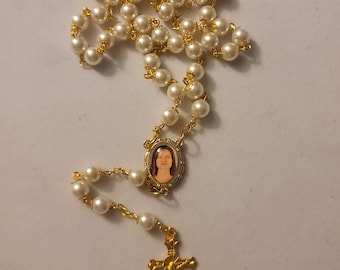 Gold & White Pearl Custom Photo Rosary Beads: Personalized Prayer Beads