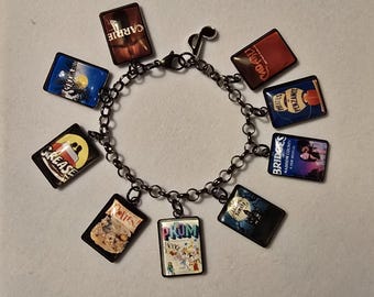 Custom Black Broadway Playbill Charm Bracelet: Stainless Steel Musical Jewelry, Bracelet