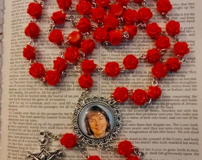 Silver with Red Rose Custom Photo Rosary Beads