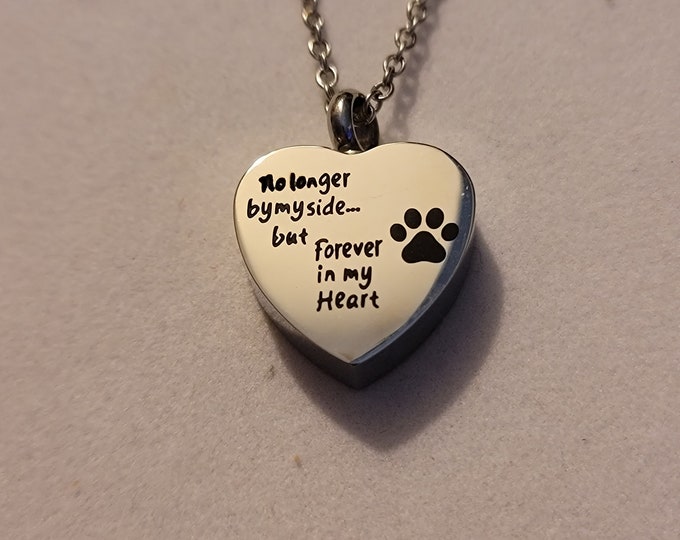 Silver Heart Paw Print Cremation Urn Necklace, Cremation Jewelry, Urn Jewelry, No Longer By My Side,  But Forever In My Heart, For Dog Ashes