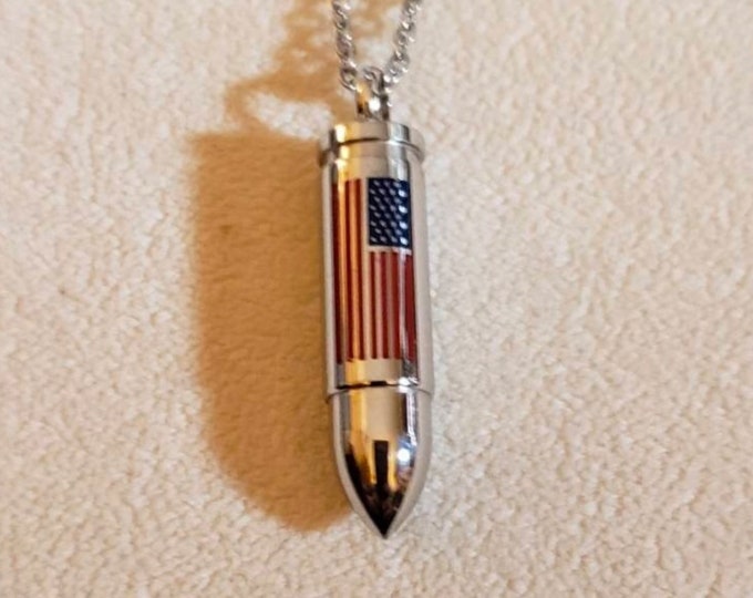 Silver American Flag Bullet Cremation Urn Necklace, Urn Jewelry, Cremation Jewelry, Memorial Jewelry, Urn, Urn Necklace, Cremation Necklace