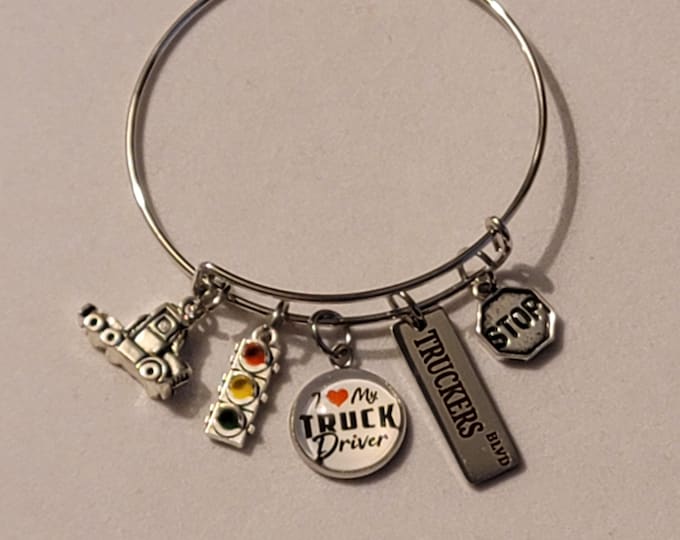 Silver Truck Driver Bangle Bracelet,  I Love My Truck Driver, Charm Bracelet,  Gift, Bracelet, Love My Truck Driver Bracelet, Trucker, Truck