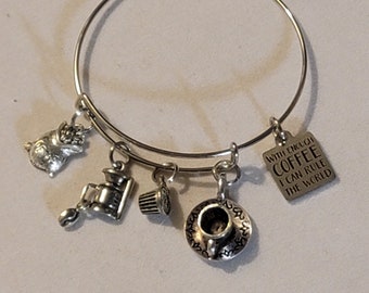 Silver Coffee Lover Charm Bangle Bracelet: Coffee Cup, Beans, Maker