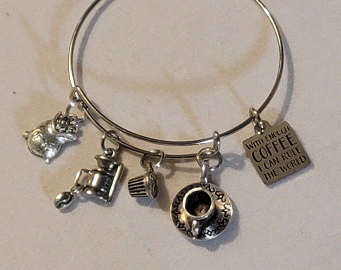 Silver Coffee Lover Bangle Bracelet, Coffee Drinker Charm Bracelet, Gift For Coffee Drinker, Coffee Enthusiast, Bracelet, Charm Bracelet