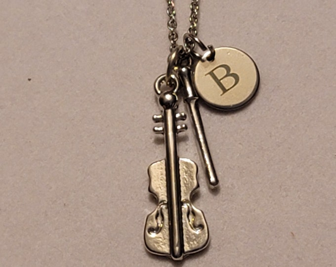 Silver Violin Charm Necklace with Initial, Violin, Necklace, Violinist, Gift For Violinist, Music Jewelry, Band, Necklace, Violin, Gift