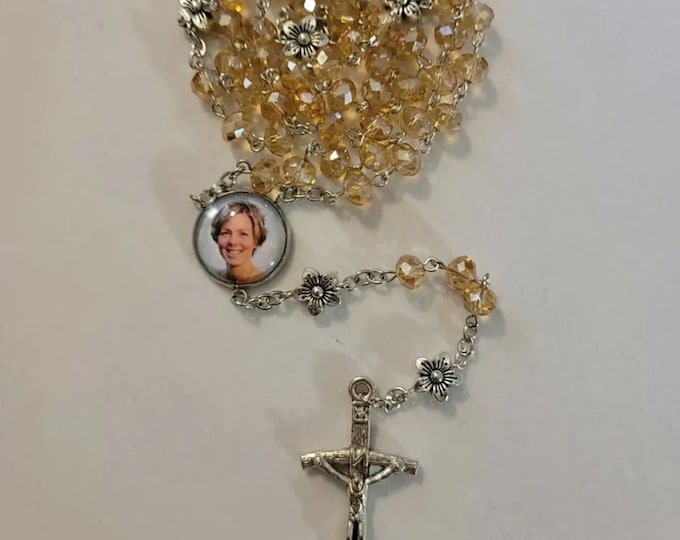 Silver with Champaign Photo Rosary Beads, Prayer Beads, Rosary Beads, Photo Beads,Memorial Beads