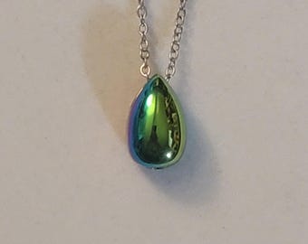 Iridescent Teardrop Cremation Urn Necklace: Stainless Steel Ash Jewelry